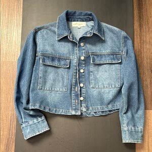 Blue Cropped Jean Jacket with Distressed Finish